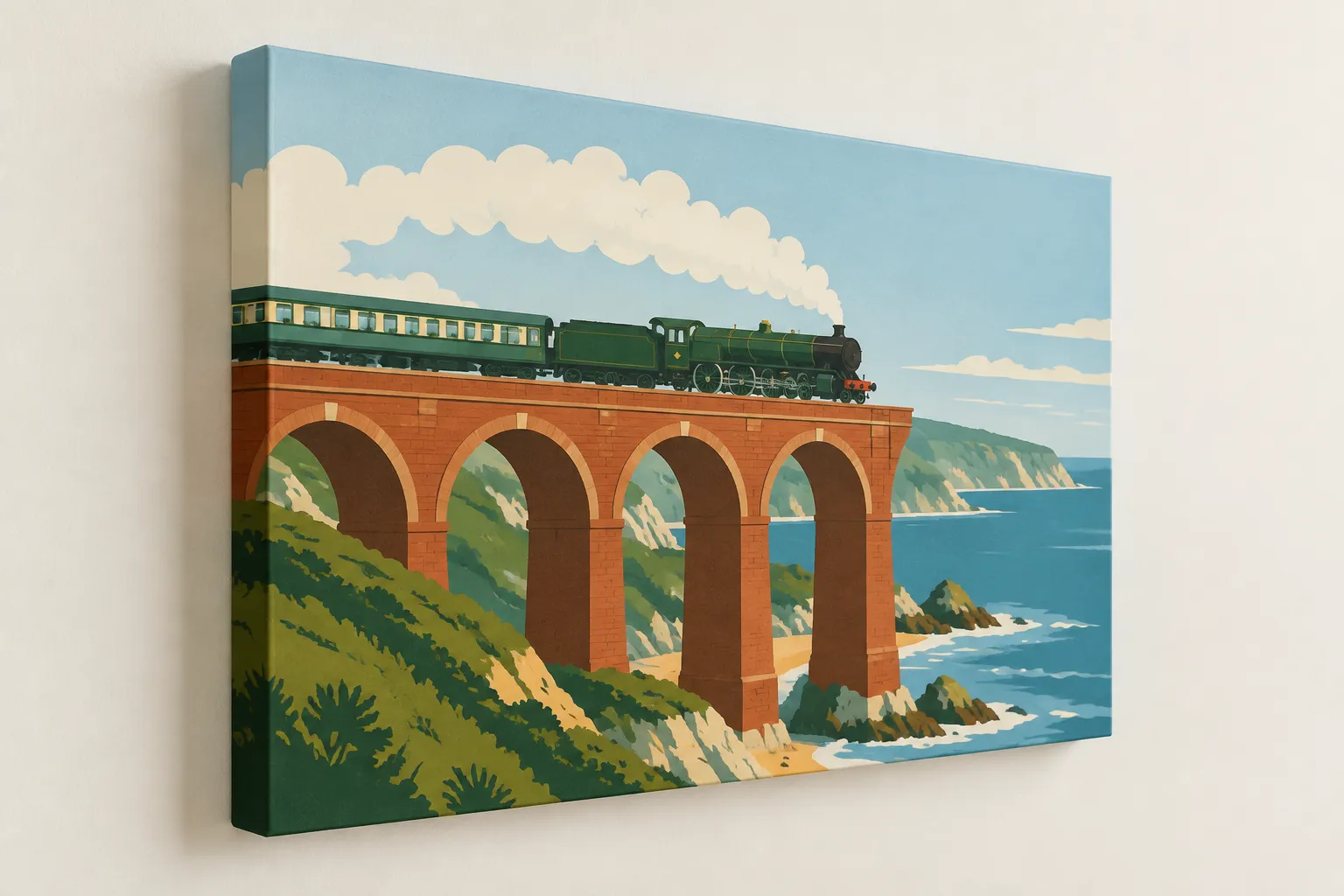A railway artwork on a stretched canvas hanging on a plain wall