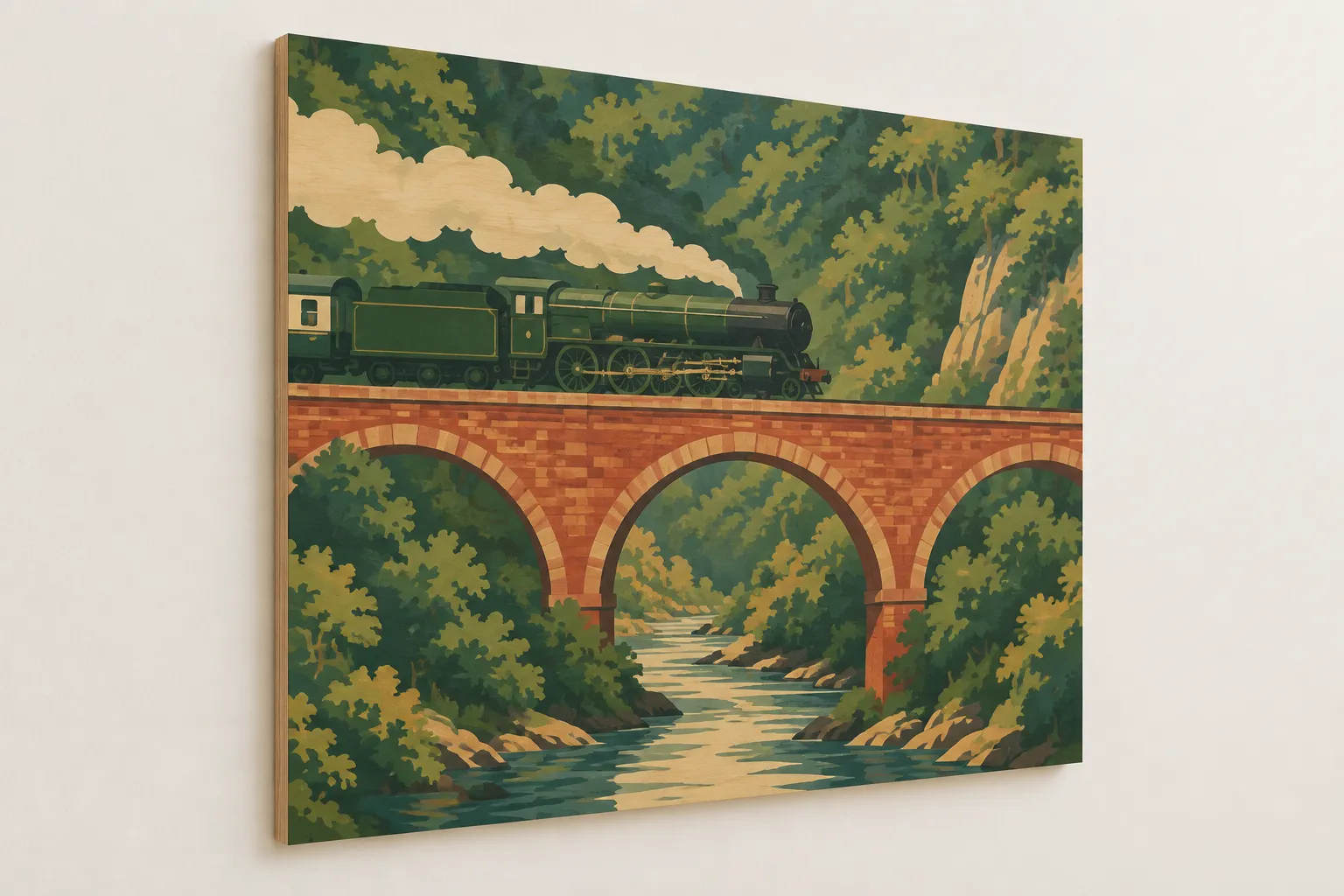 A poster-style picture of a green steam train crossing a brick viaduct, on a wood panel