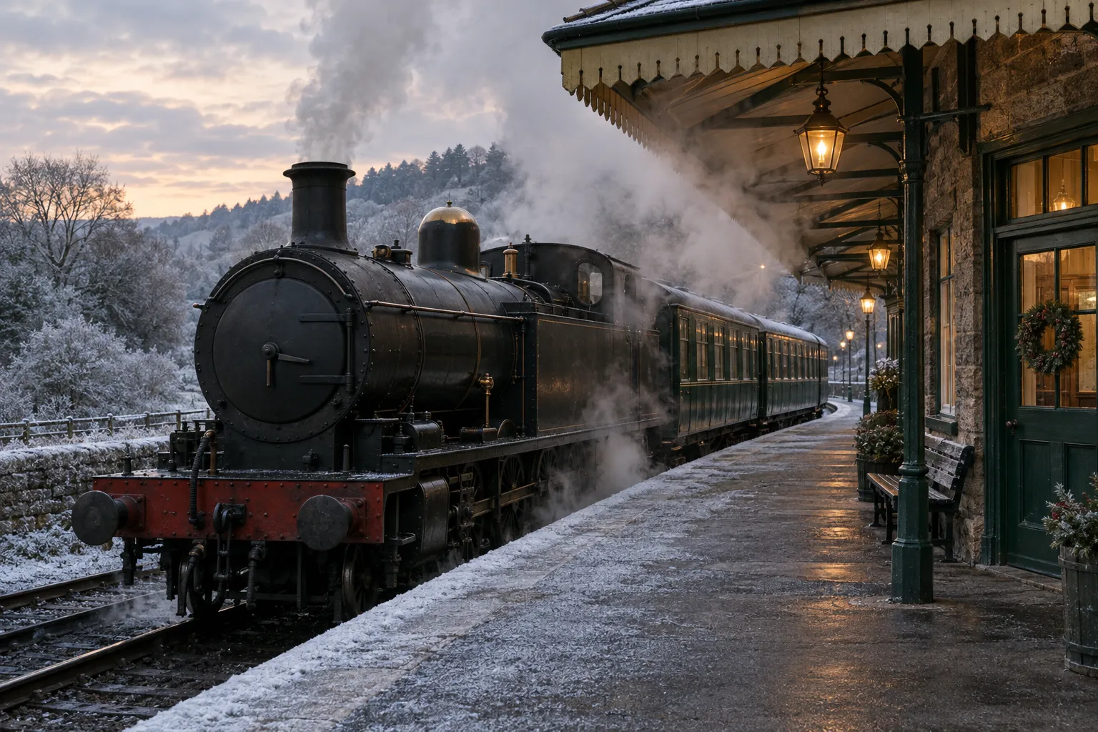 A steam locomotive at a frosted heritage railway platform on a winter evening, lamps glowing and steam drifting.