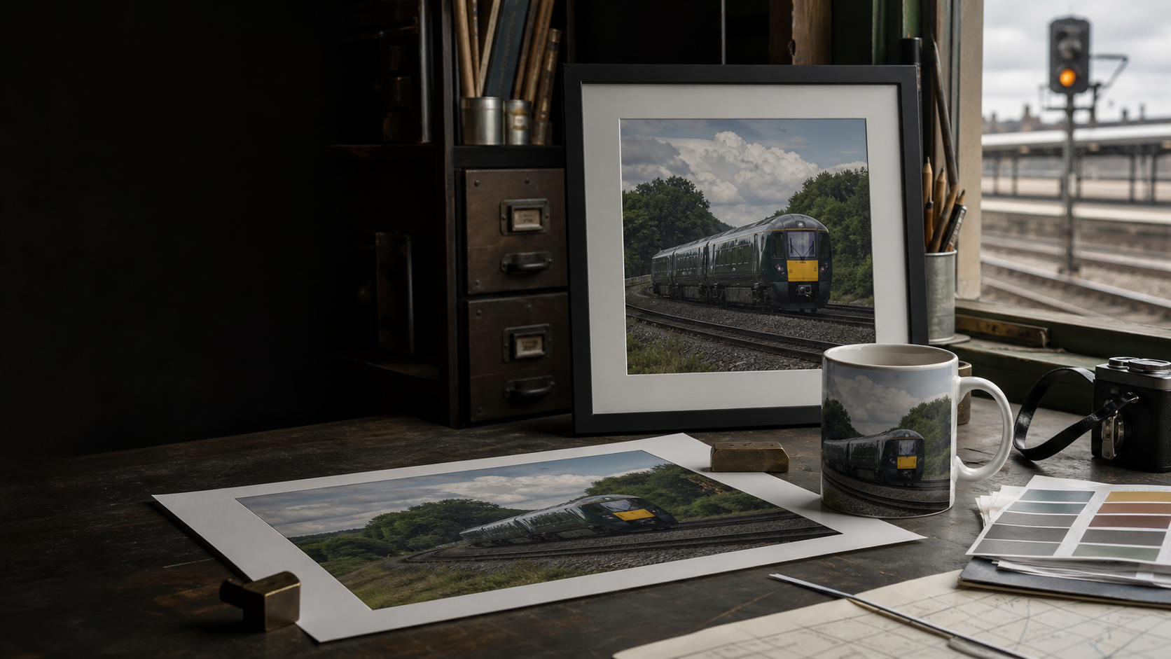 Railway print studio desk with framed train photo and mug