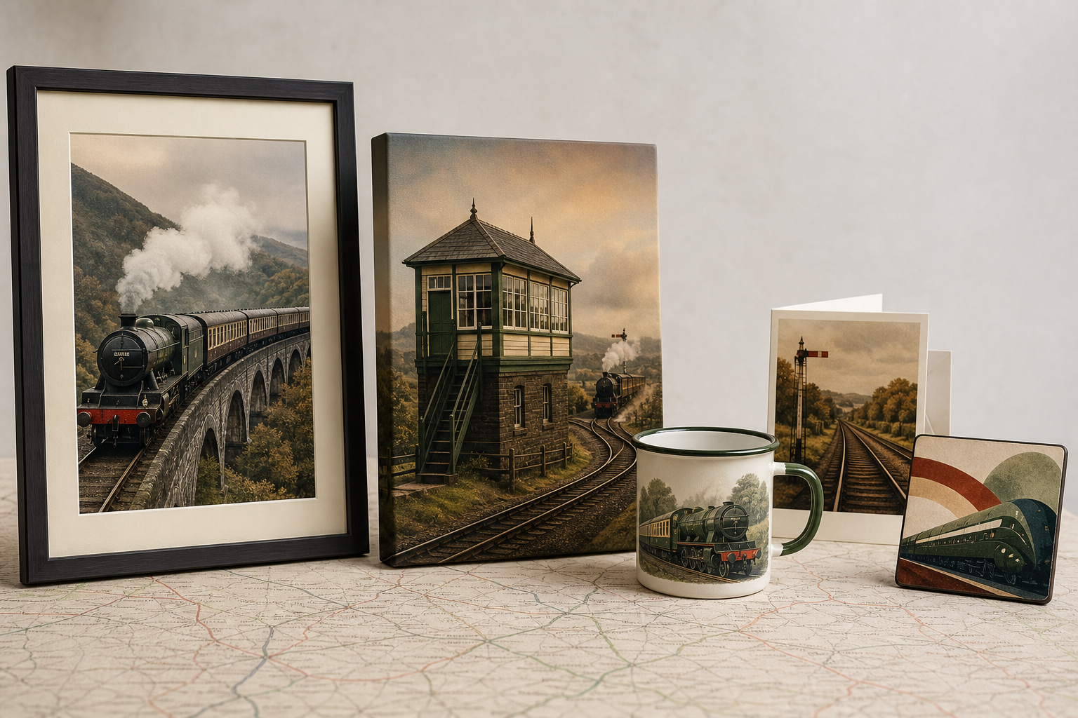 Railway photo products including framed print, canvas, mug, cards, and tile