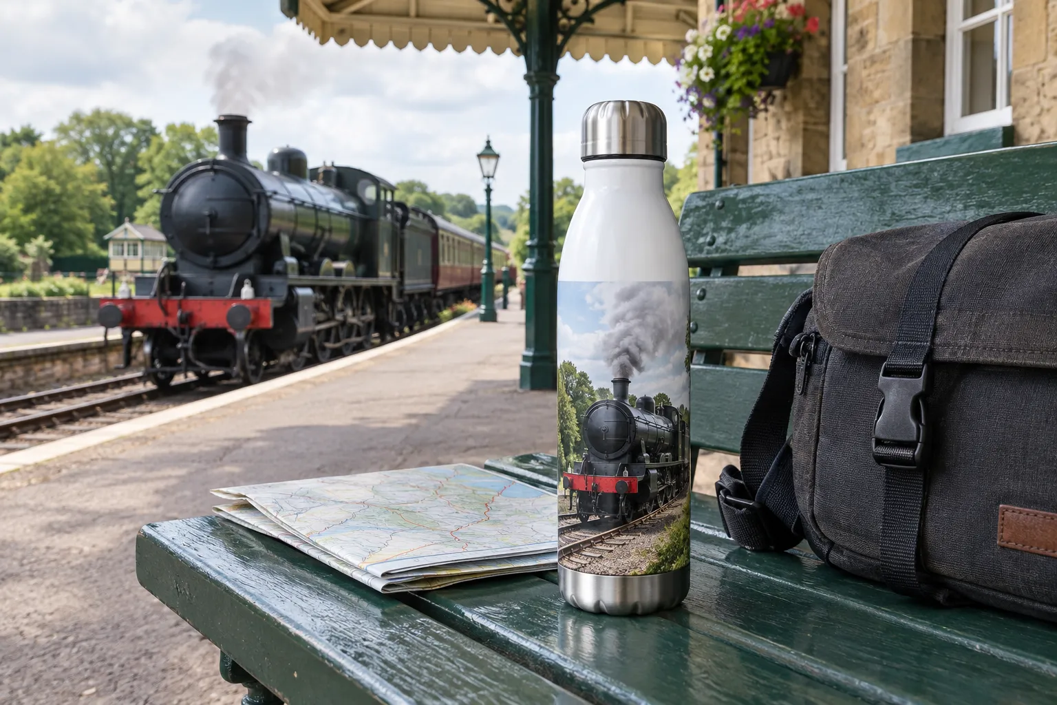 A railway photo bottle on a station bench