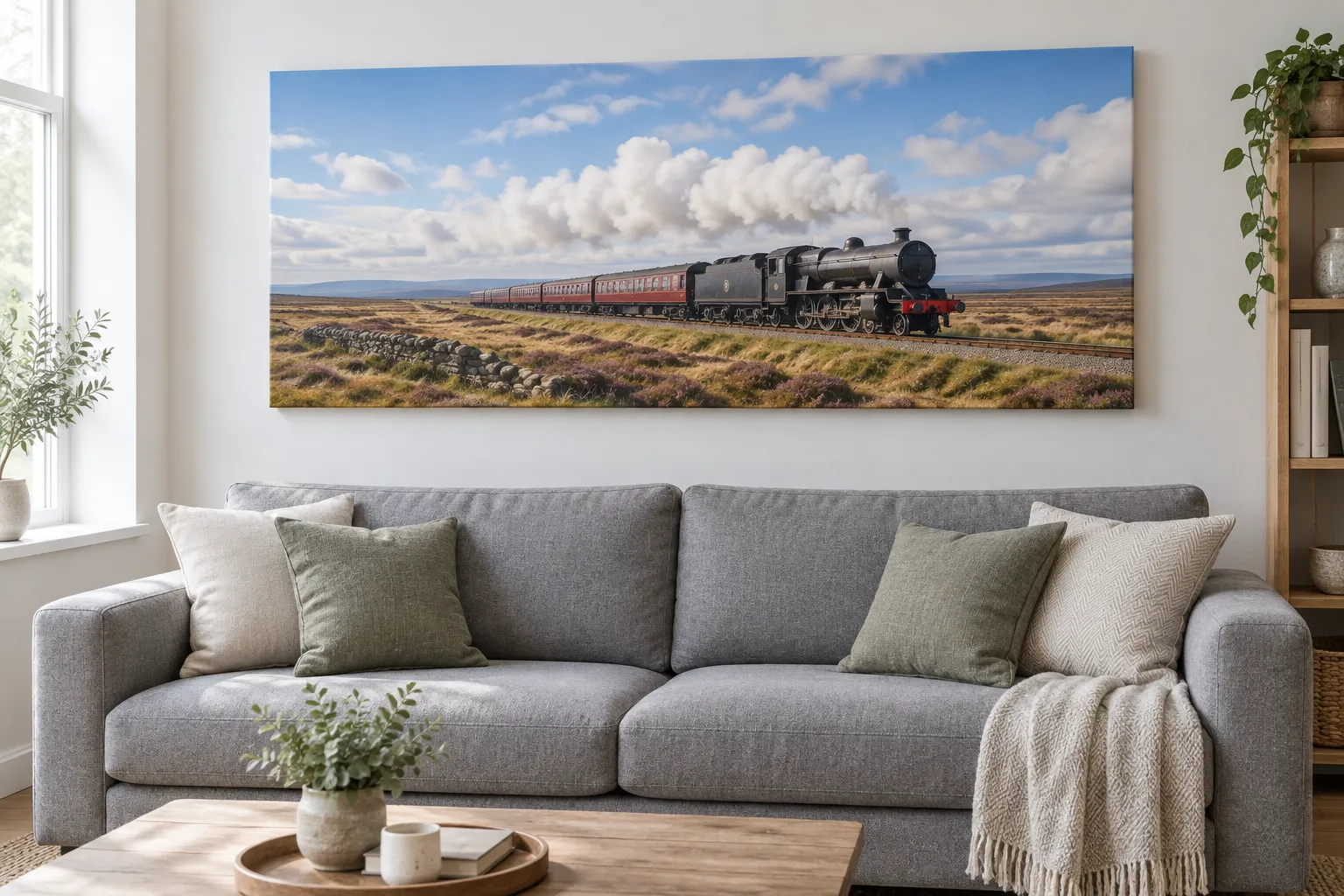 A large railway canvas above a sofa