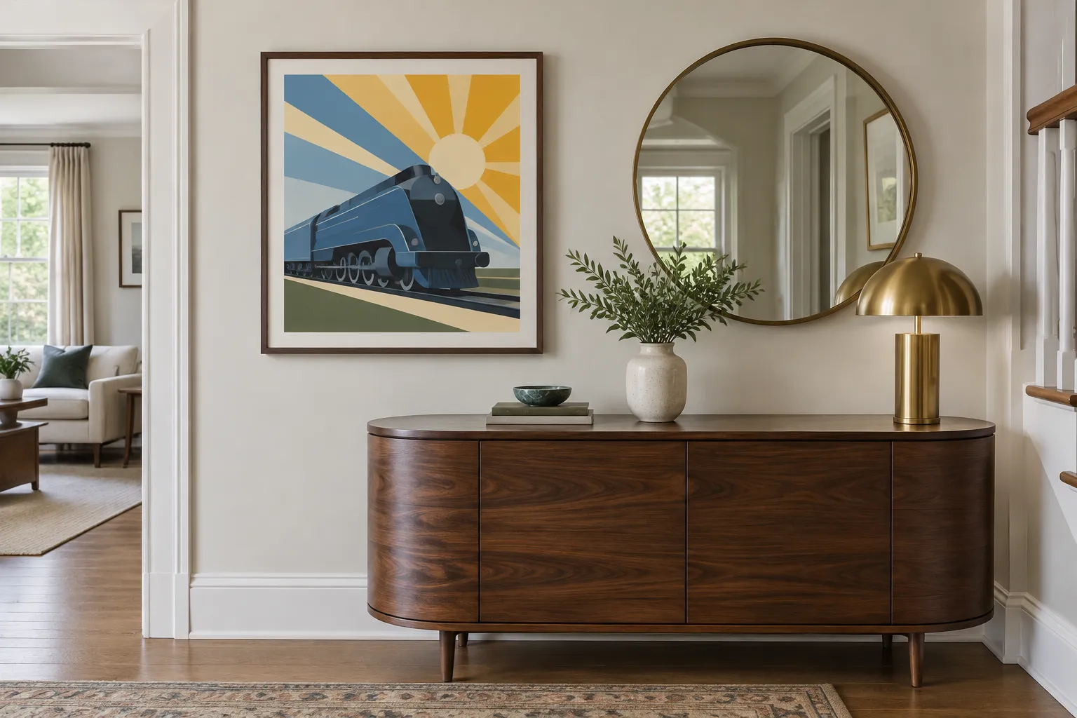 A framed geometric railway artwork above a walnut sideboard in a hallway