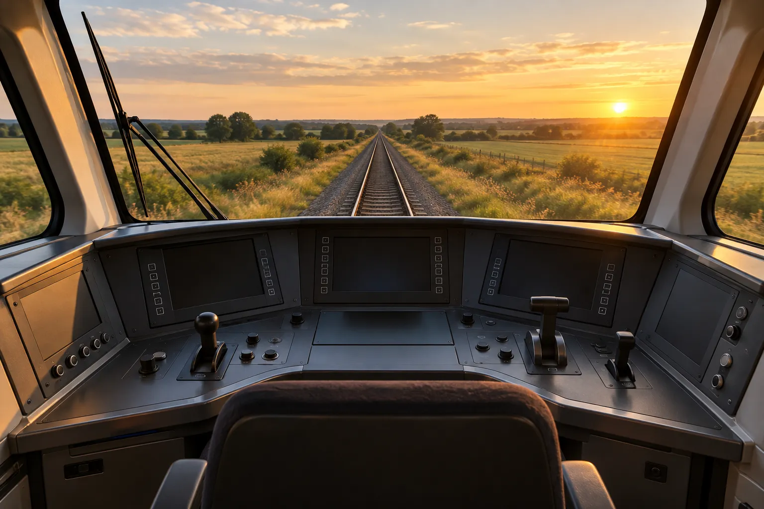 An empty train cab looking down a straight line of track at golden hour