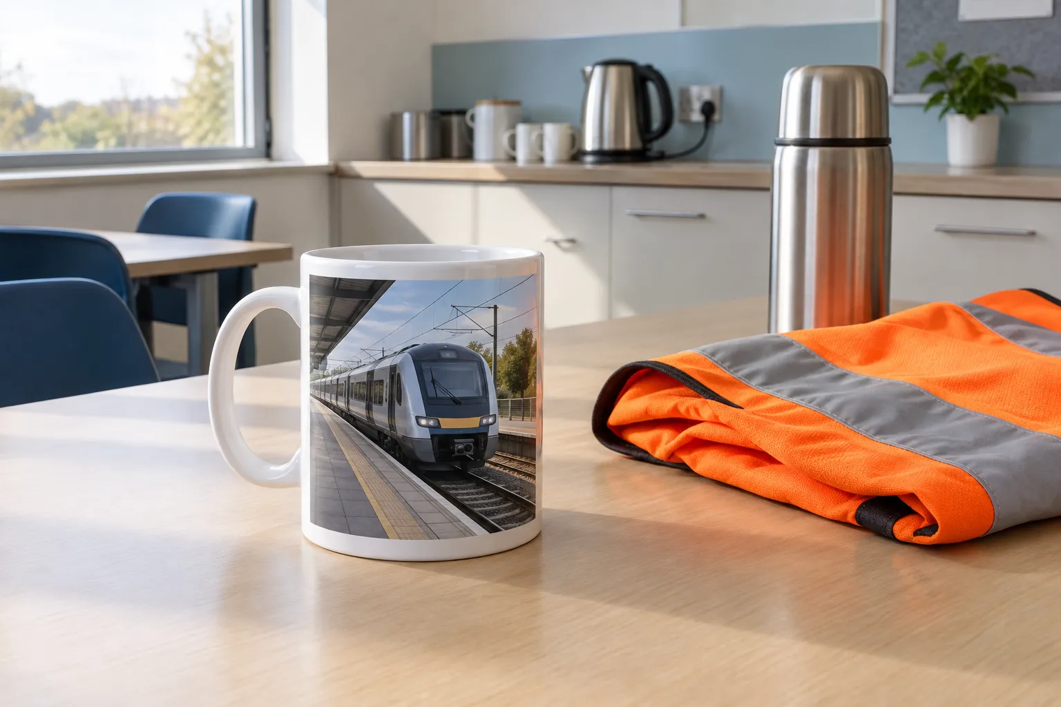 A mug with a train photograph on a mess room table beside a folded orange vest