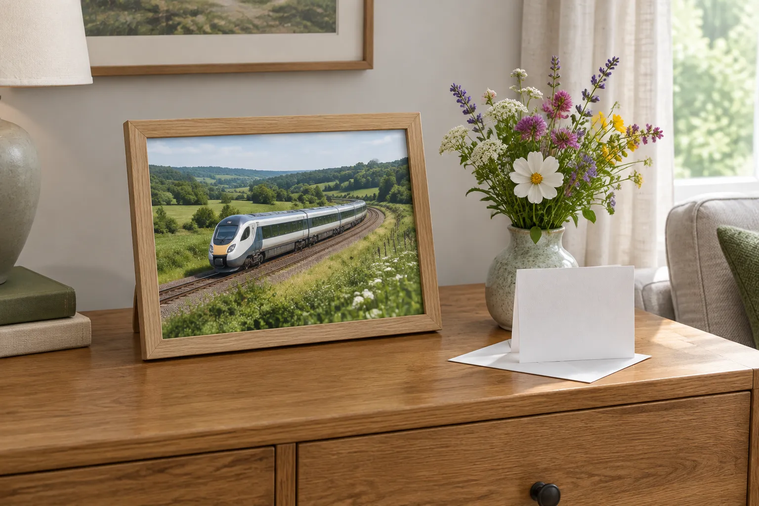 A framed photograph of a passenger train on a sideboard beside a card and flowers