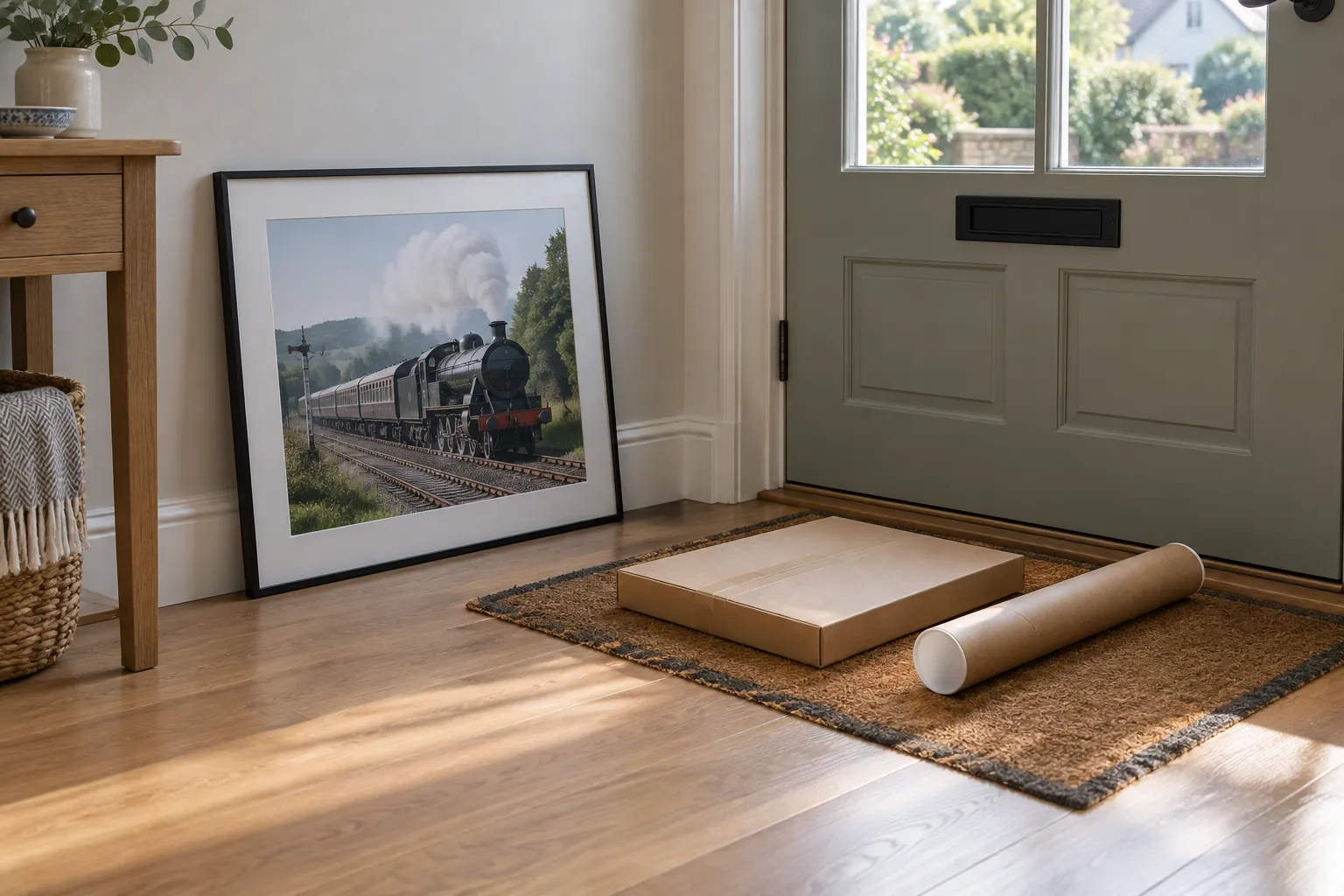 A flat parcel and a postal tube on a doormat beside a framed railway photograph