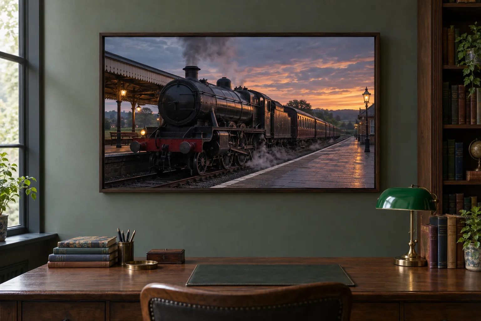 A framed railway canvas in a study