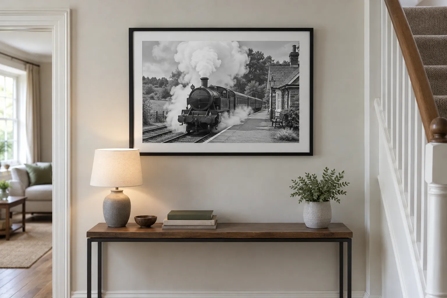 A black framed railway photograph in a hallway