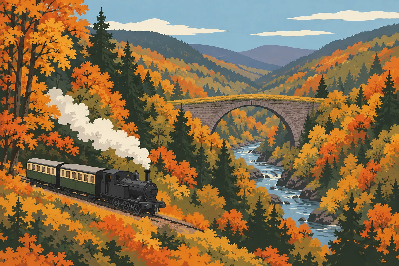 A painting of a steam train and coaches curving through autumn woods above a river gorge, a stone arch bridge behind