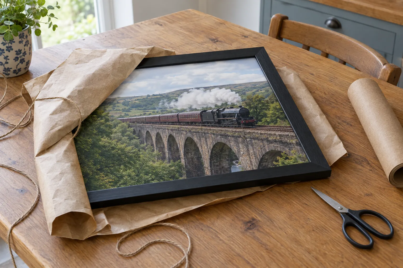 A framed steam train photograph half unwrapped from brown paper on a kitchen table