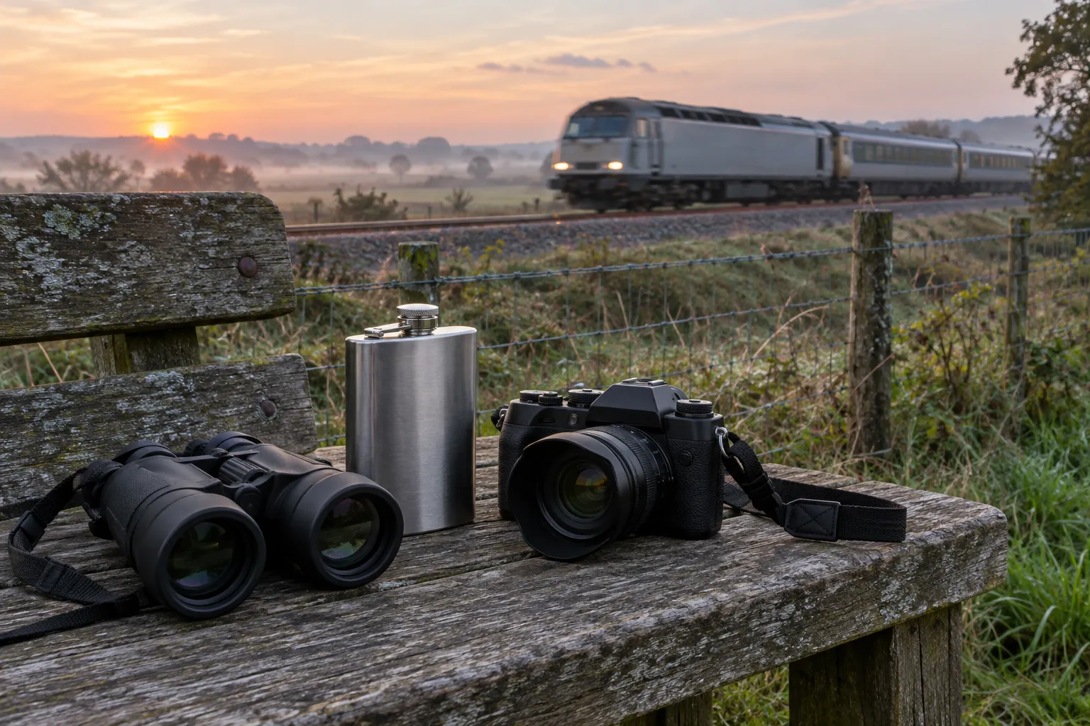 Binoculars, a flask and a camera on a bench by a lineside fence at dawn