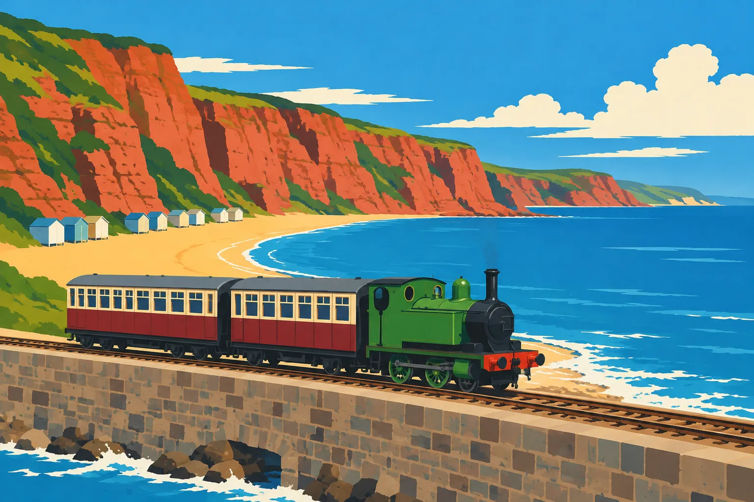 A flat-colour artwork of a small green tank engine and two coaches on a sea wall below red cliffs, with beach huts along the sand
