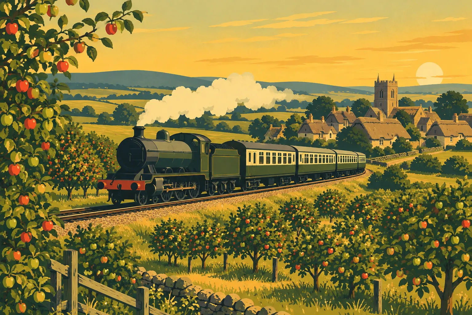A flat-colour artwork of a green steam train passing apple orchards, with a thatched village and a church tower beyond