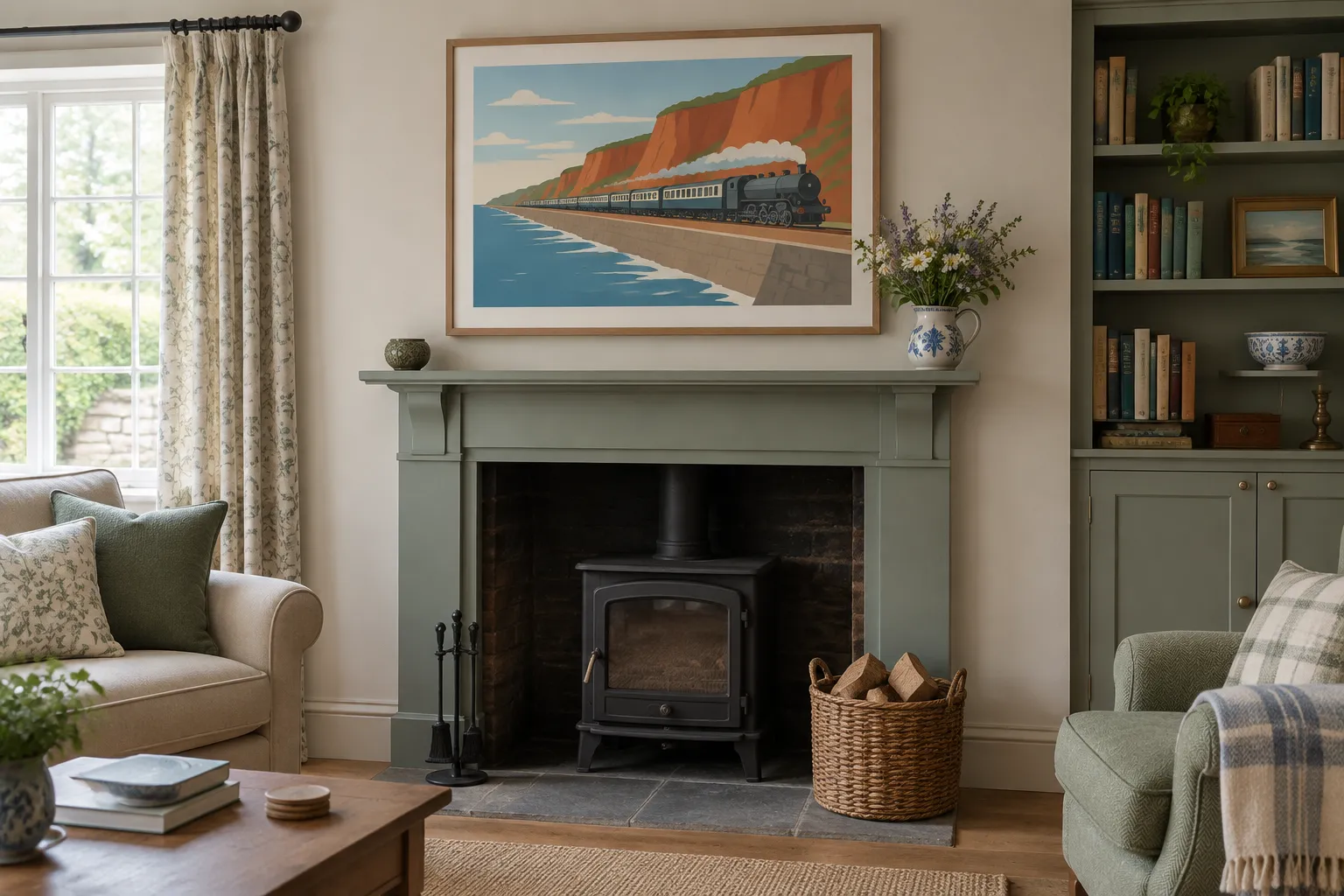 A framed coastal railway artwork above a cottage fireplace
