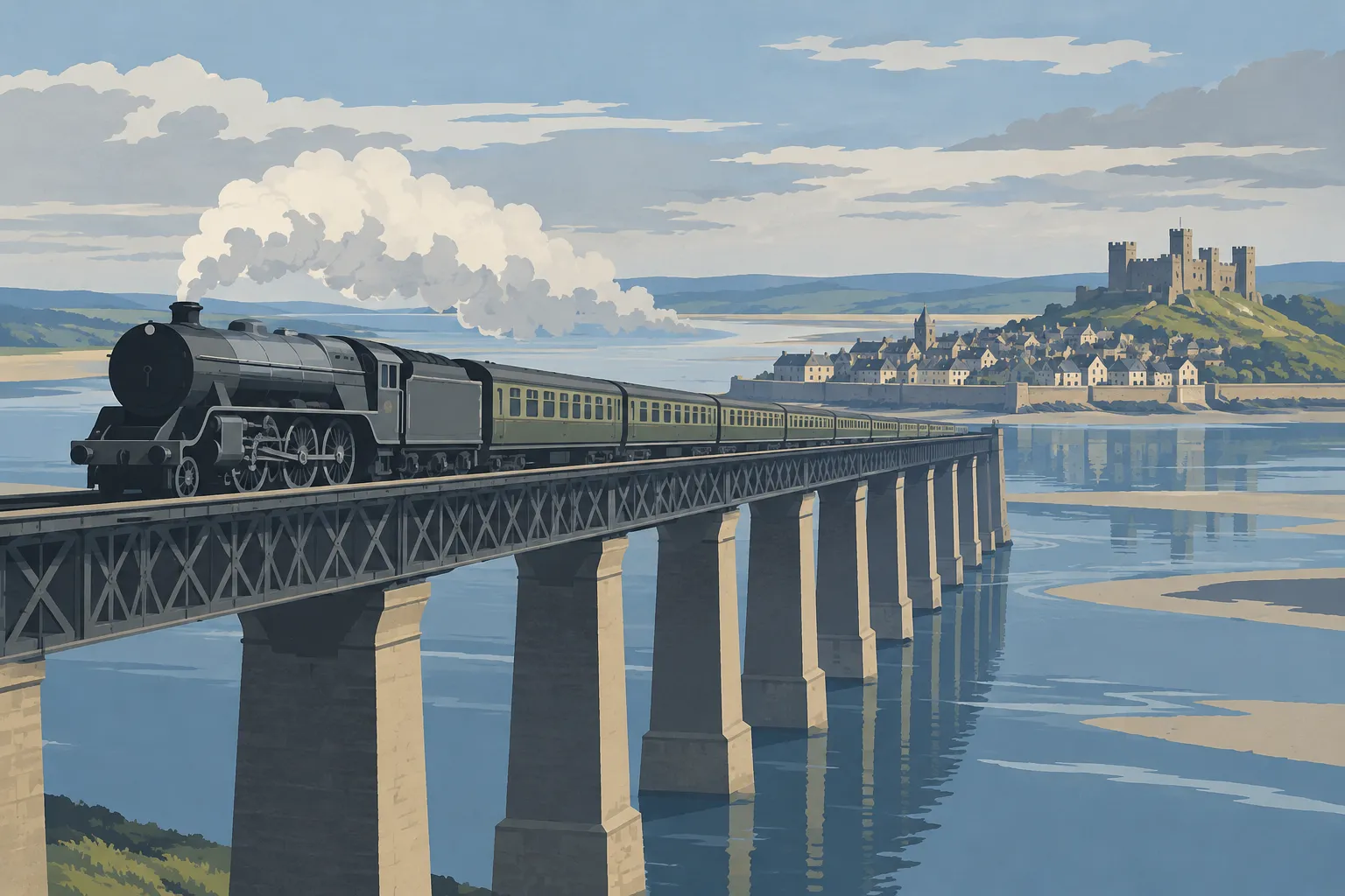 A flat-colour artwork of a steam express crossing a long bridge over an estuary, a walled town and a castle on the far bank