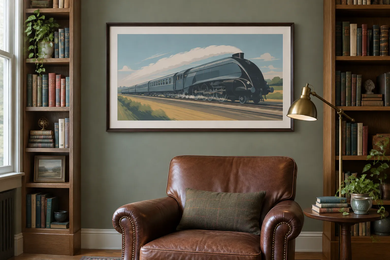 A framed artwork of an express at speed in a study