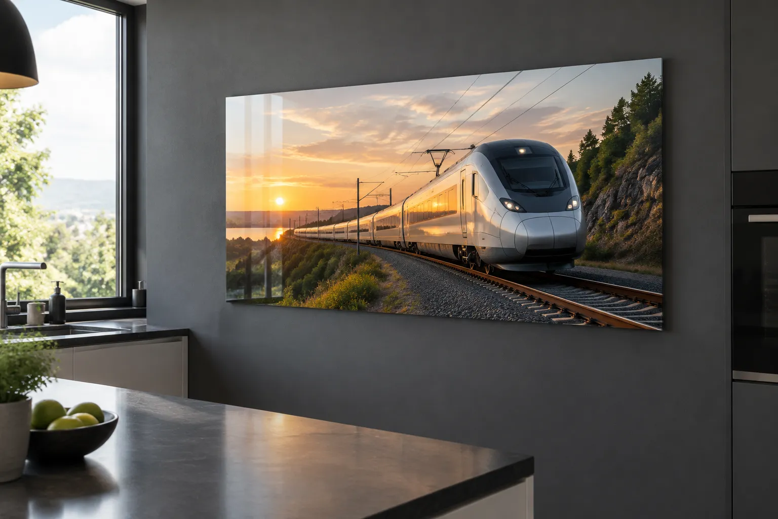 A frameless metal railway panel in a kitchen