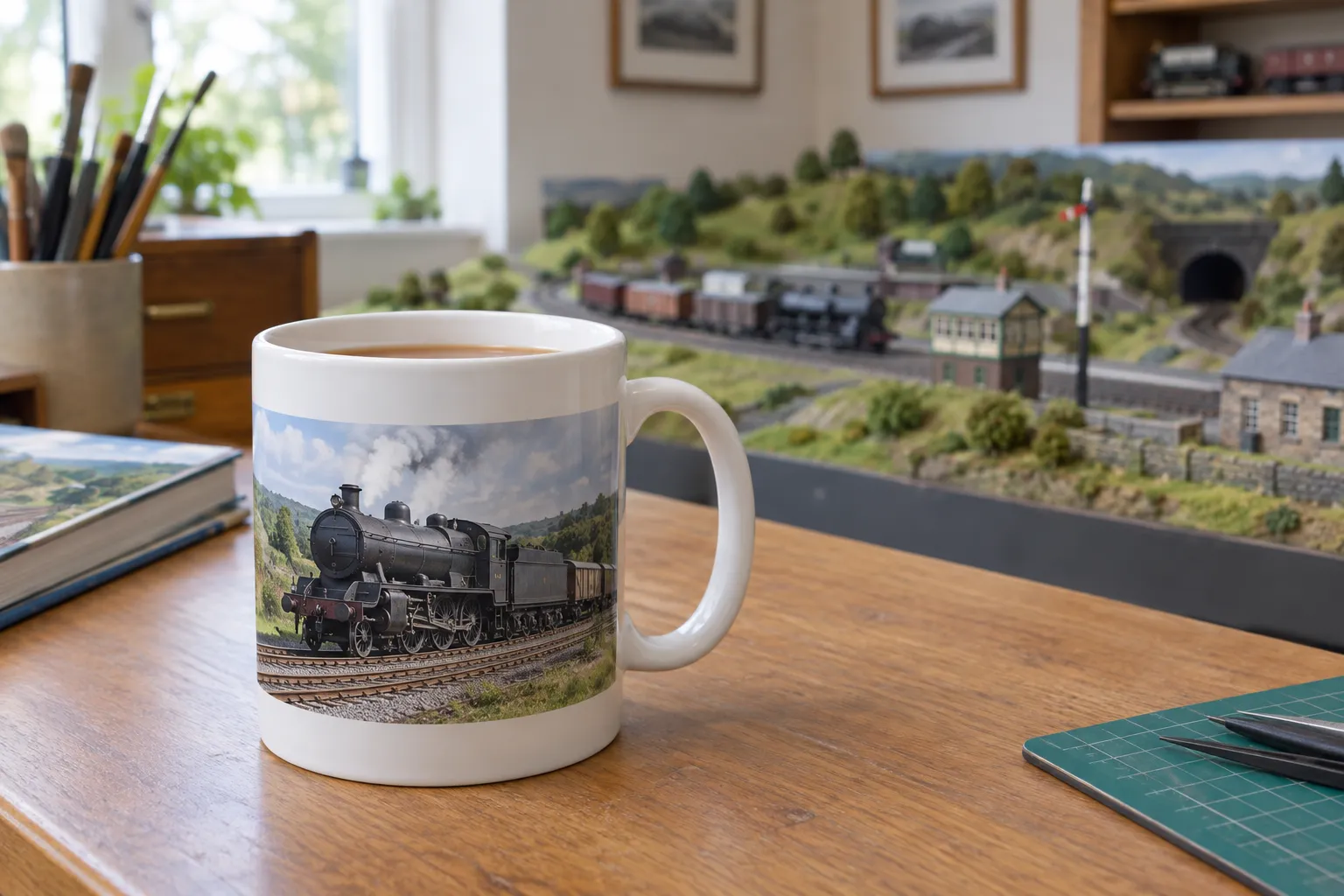 A railway photo mug on a desk