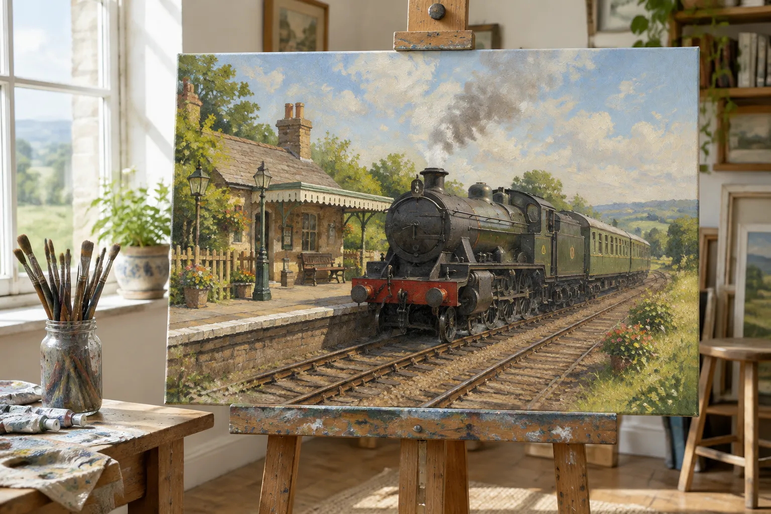 An oil-painting style canvas of a steam locomotive on a studio easel