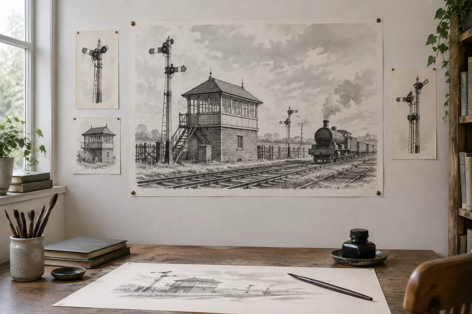 A monochrome ink and wash study of a signal box pinned above a drawing desk