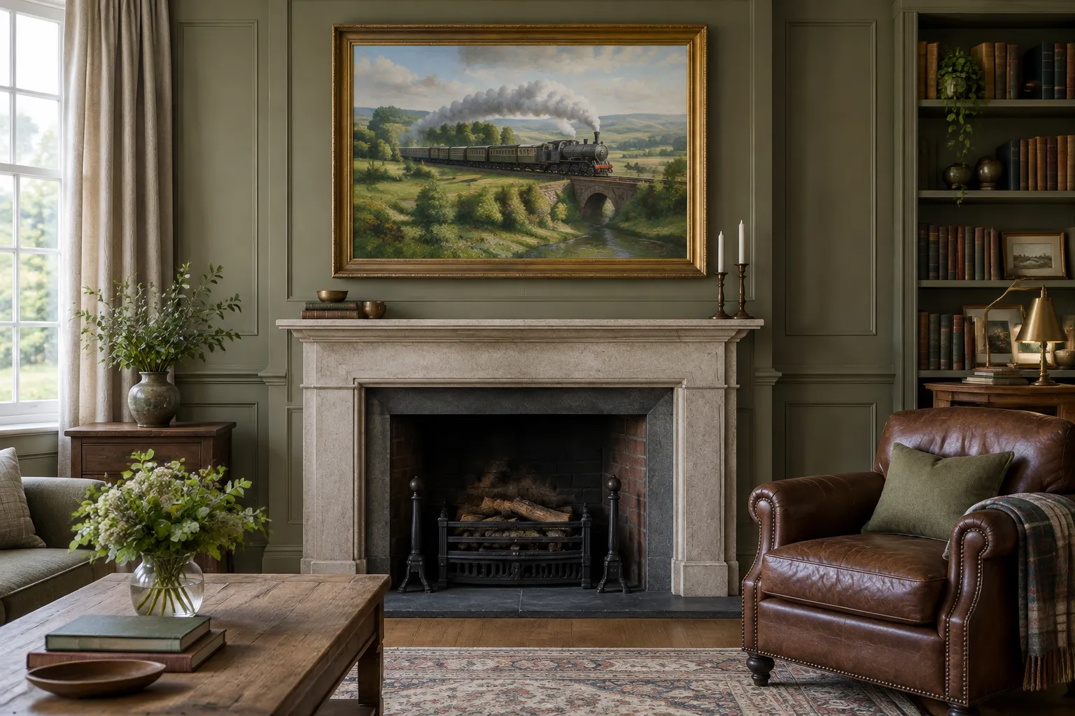 A framed oil-painting style railway picture above a stone fireplace