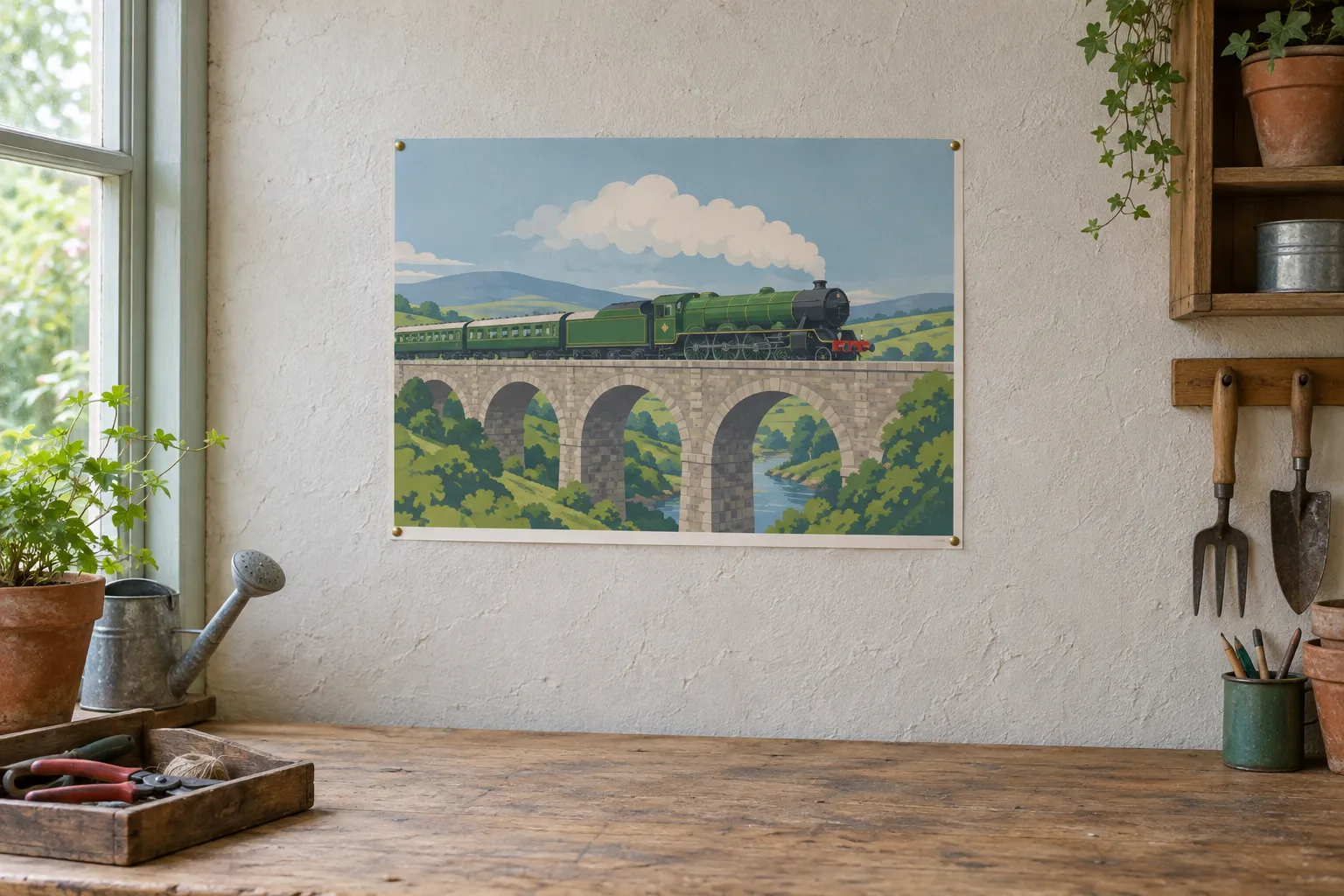 An unframed railway poster of a green steam engine crossing a stone viaduct, pinned to a pale wall above a wooden potting bench