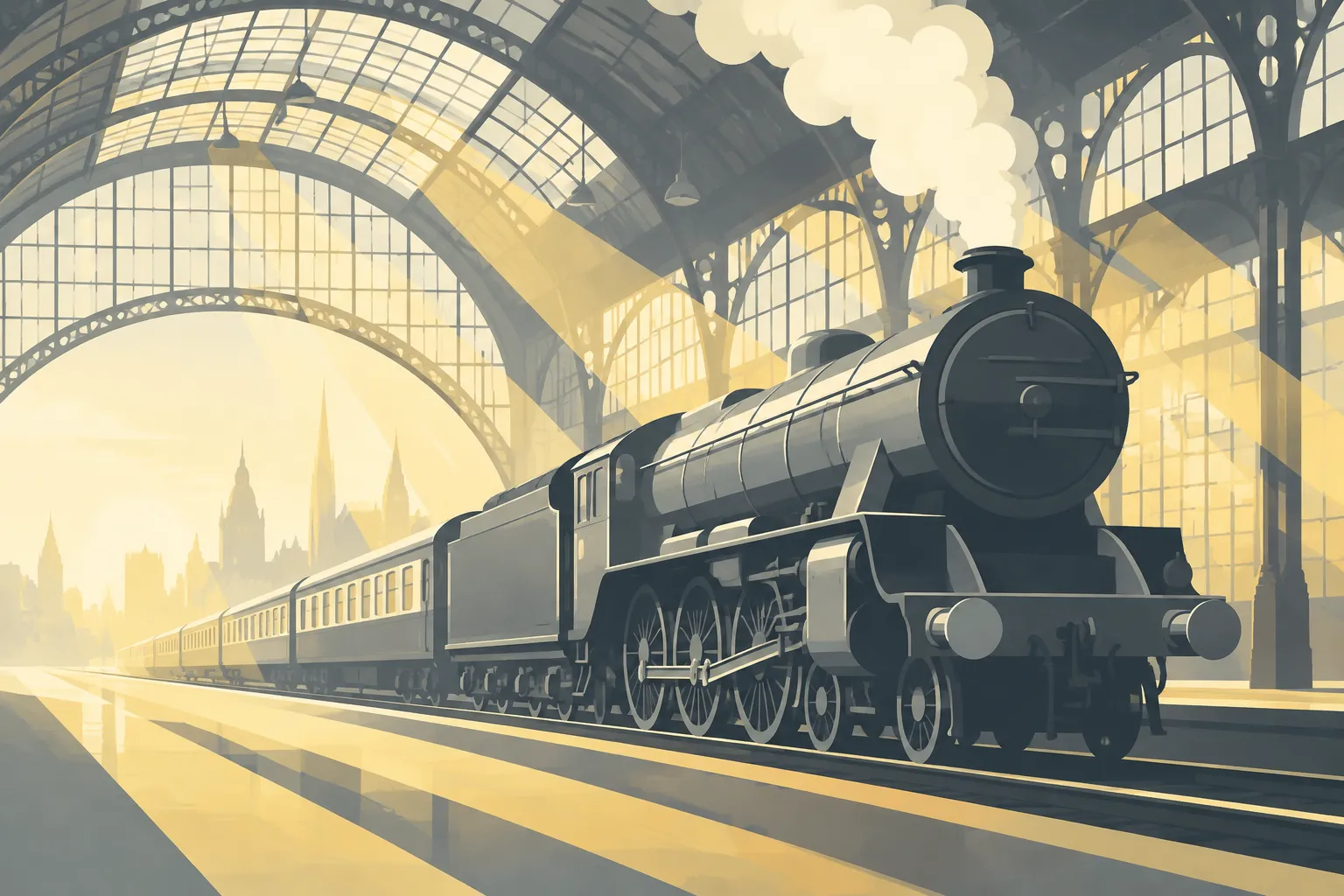 A flat-colour artwork of a steam locomotive leaving a great arched station roof