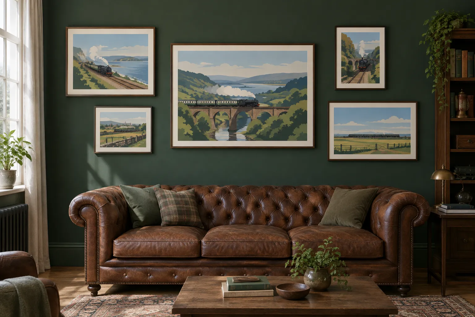 Five framed railway landscape artworks above a leather chesterfield sofa