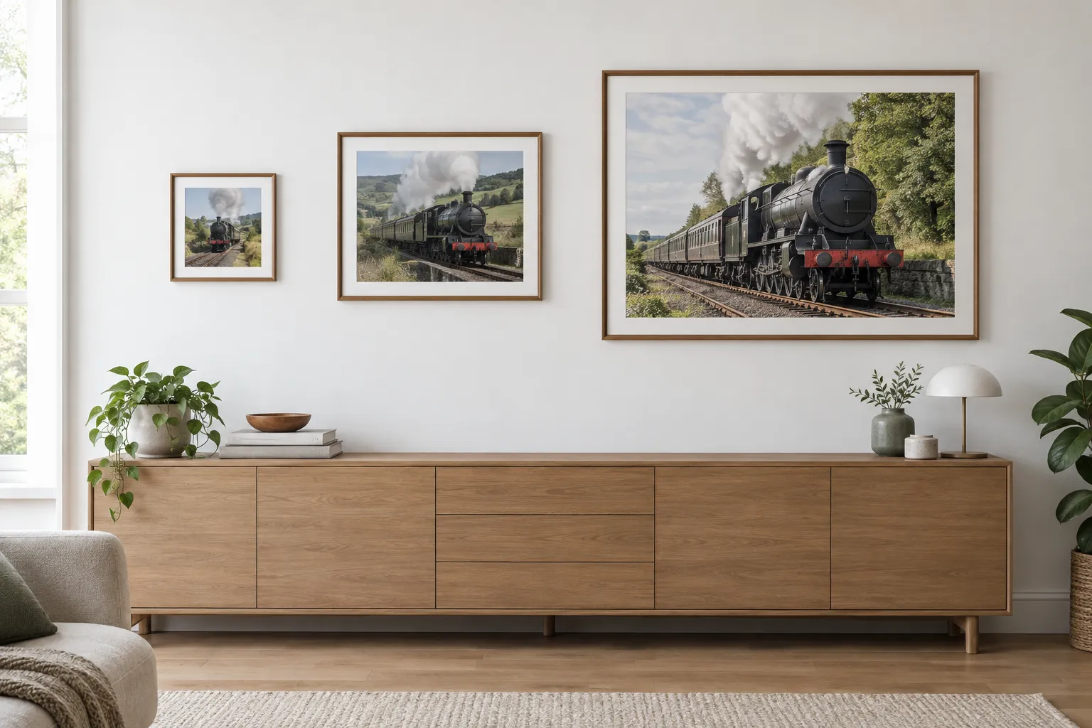 Three framed railway photographs in small, medium and large sizes above a sideboard