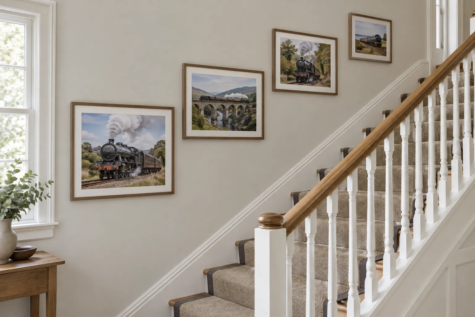Framed railway photographs of different sizes stepping up a staircase wall