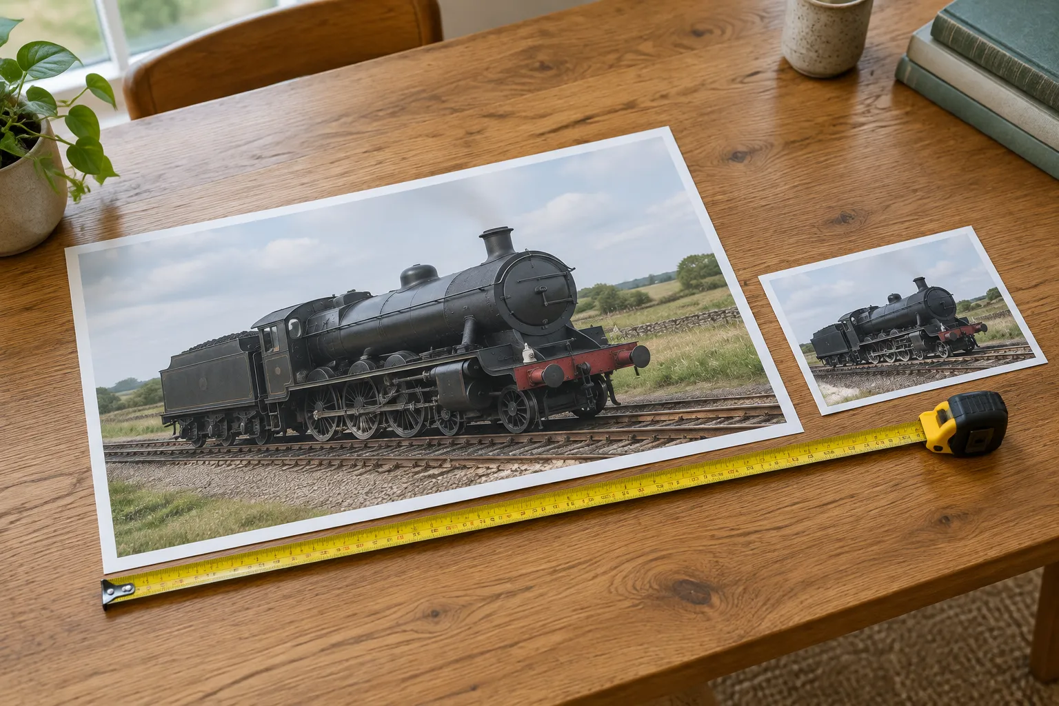 A tape measure along a large railway photograph with a smaller one beside it