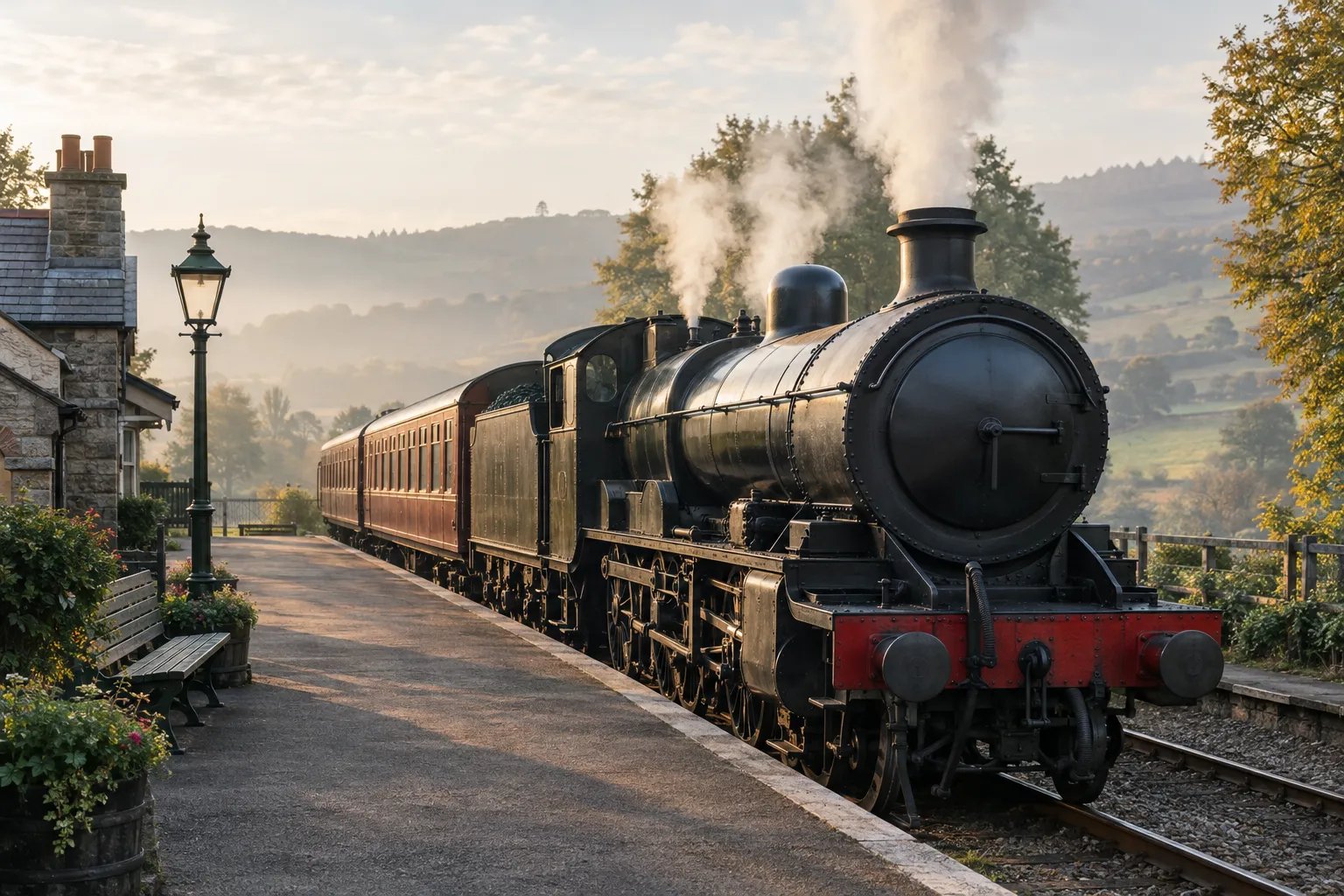 A steam locomotive at a country platform in soft morning light, steam drifting