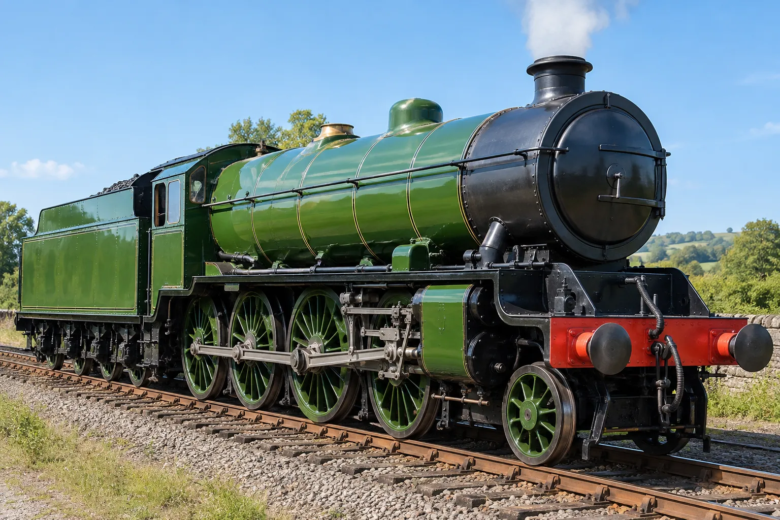 A sharp colour photograph of a green steam locomotive in three-quarter view on a bright day