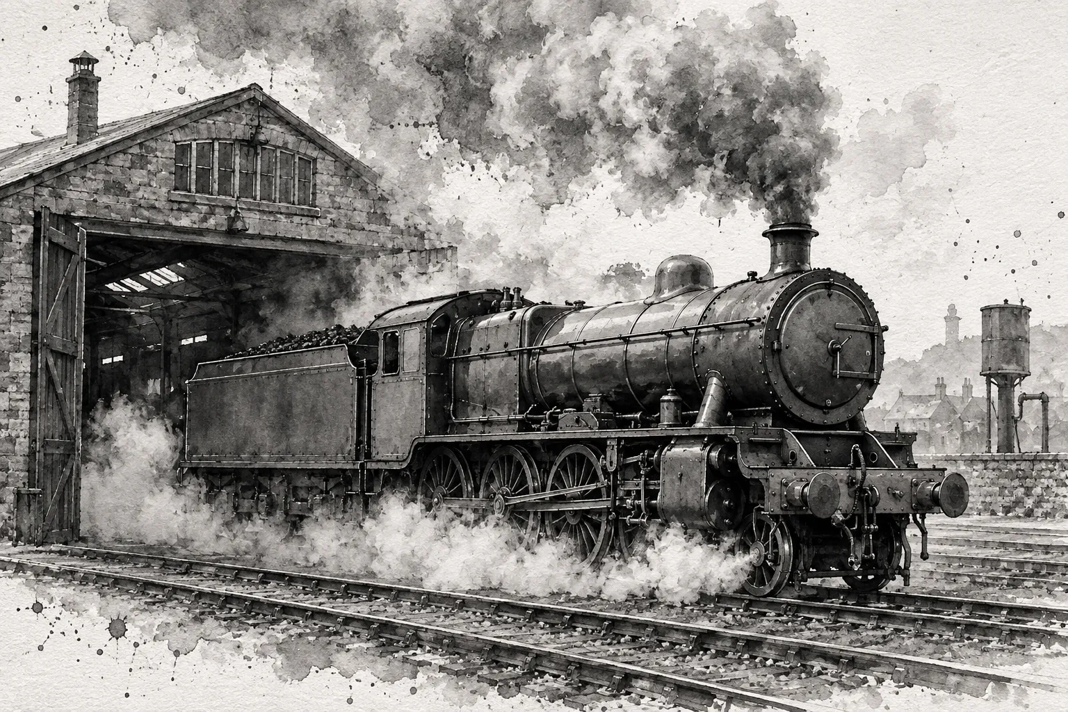 A black and grey ink and wash study of a steam locomotive leaving a shed in a cloud of exhaust