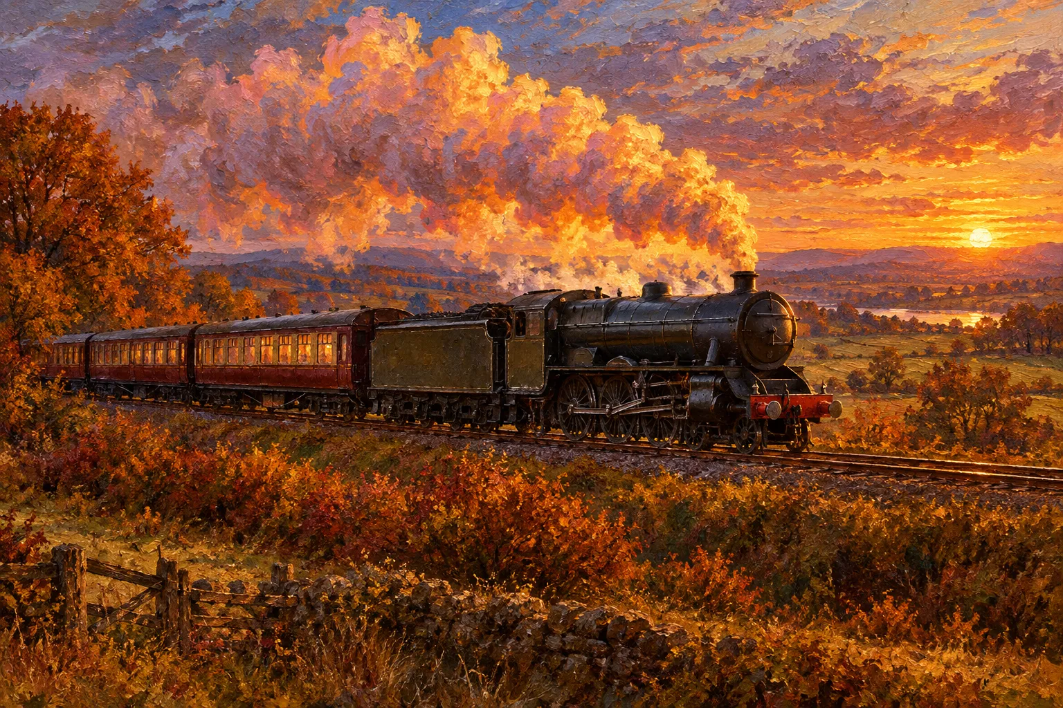 An oil-painting style scene of a steam train crossing autumn farmland at sunset