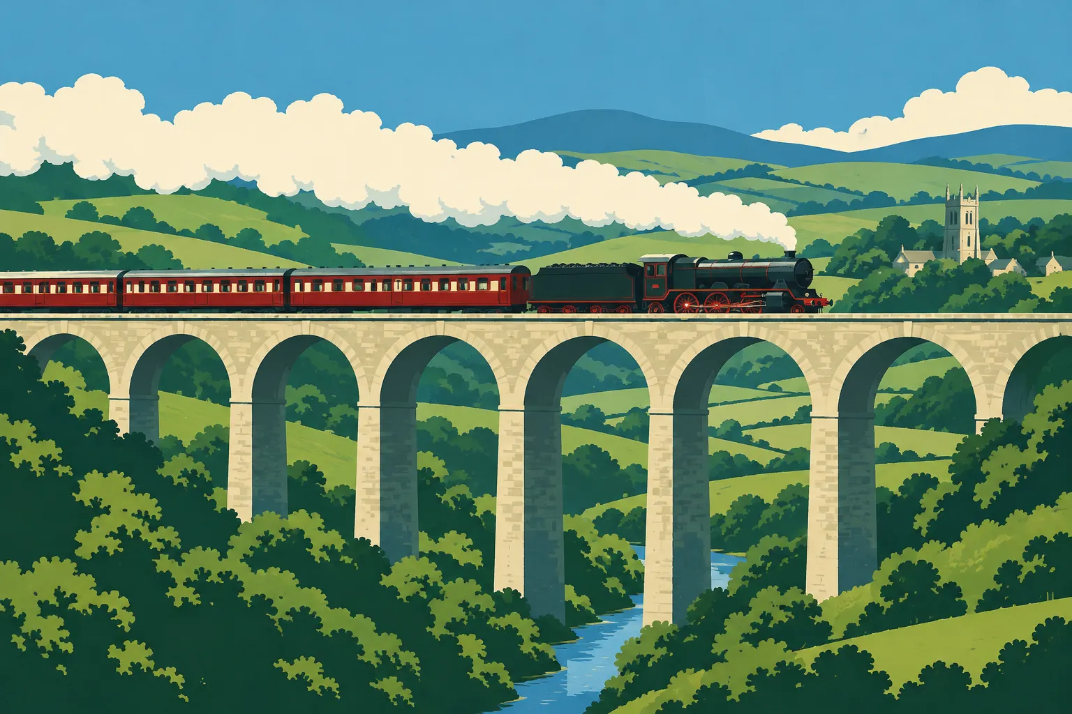 A flat-colour artwork of a steam train crossing a stone viaduct over a green valley