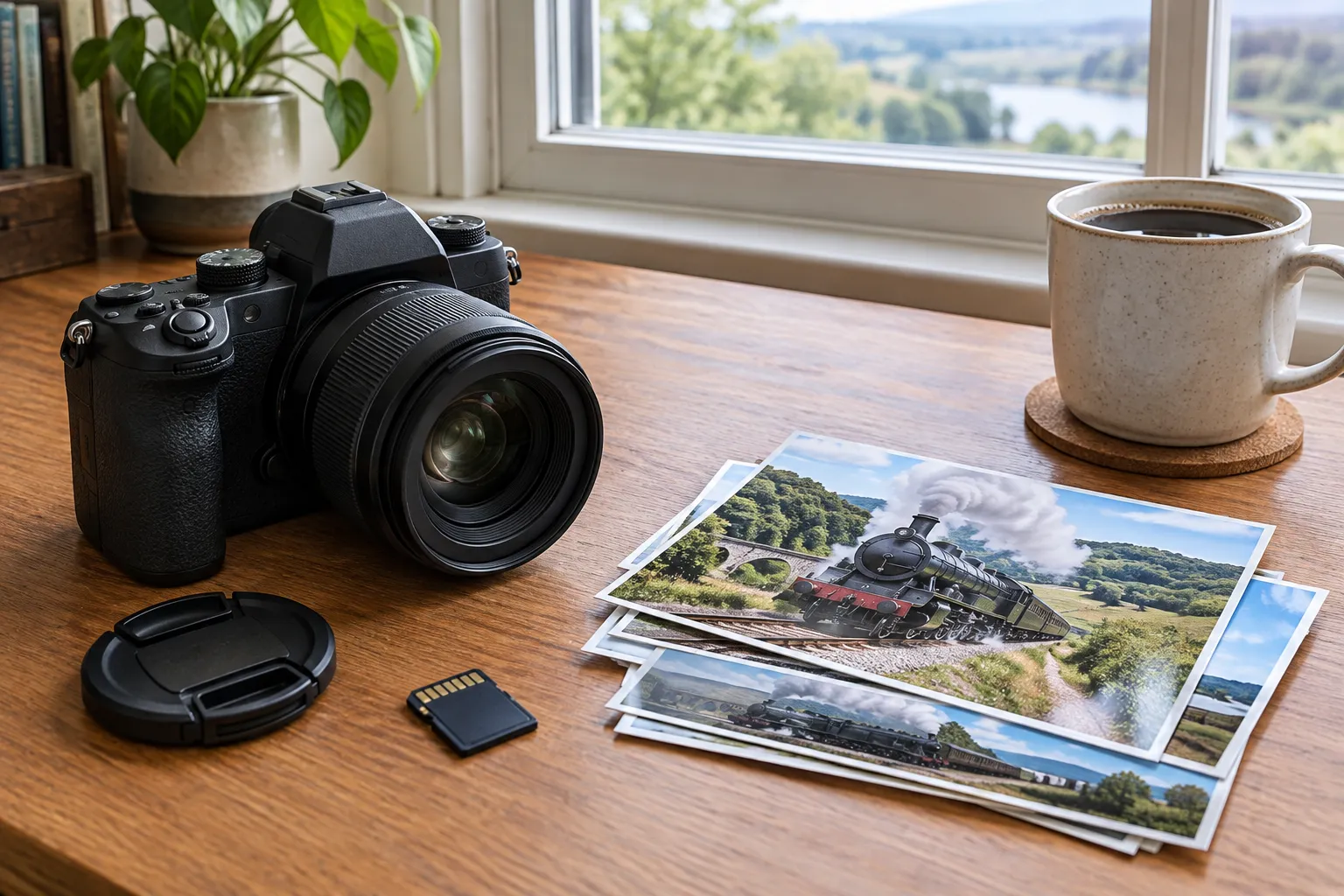 A camera, a memory card and railway photographs on a desk by a window