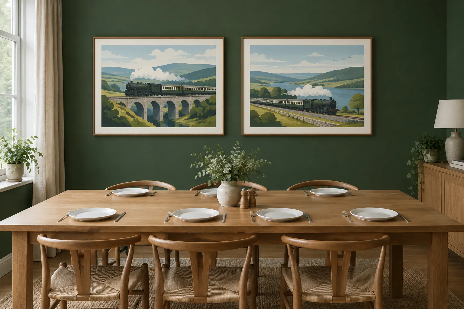 Two framed railway landscape artworks above an oak dining table