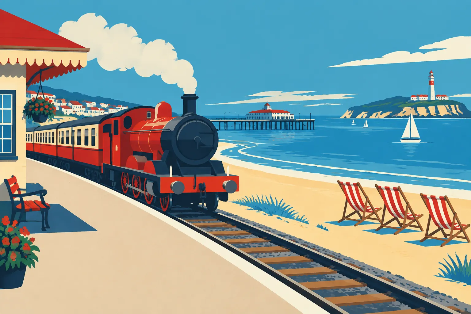 A flat-colour artwork of a red steam engine at a seaside station, with deckchairs on the beach, a pier and a lighthouse across the bay