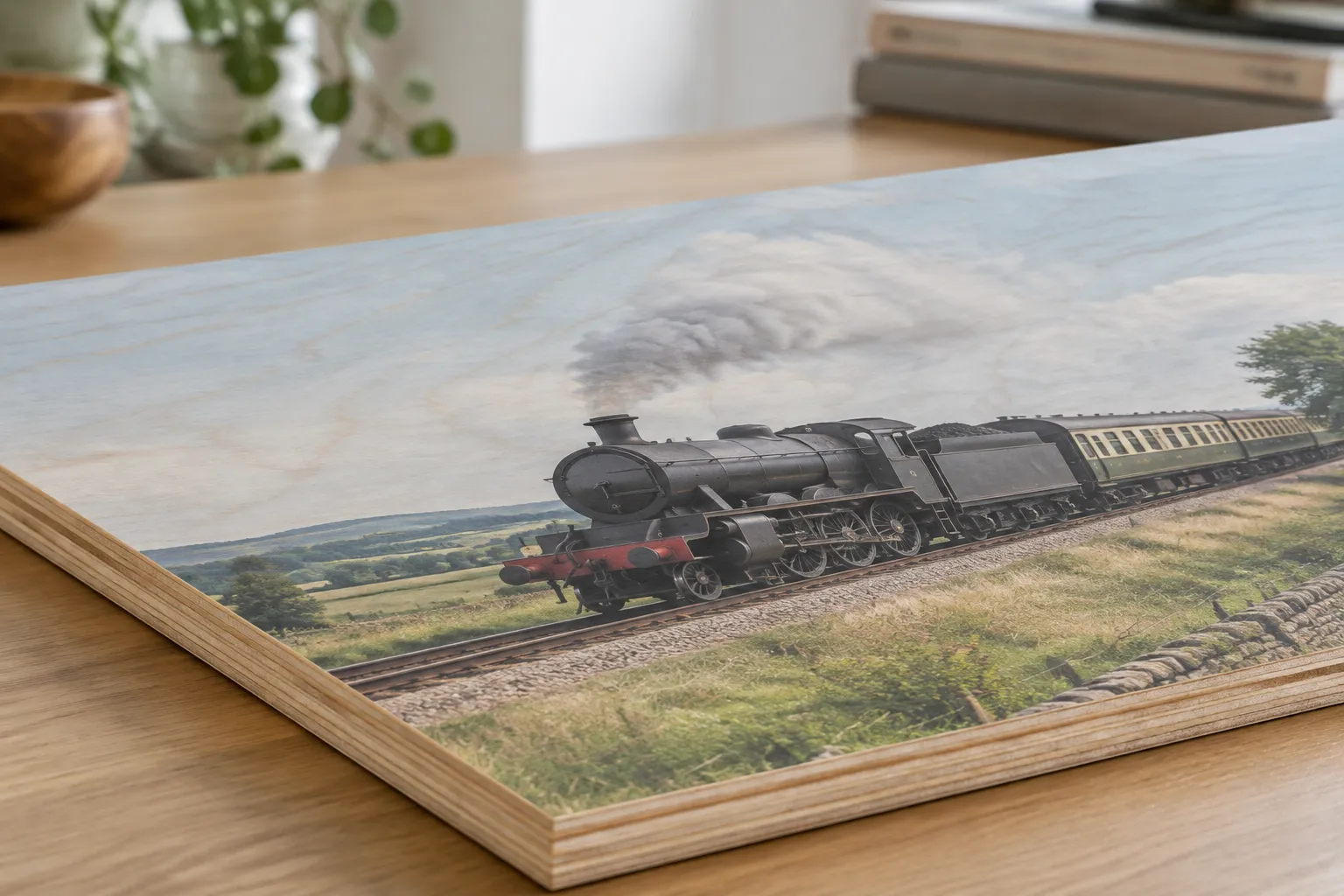 The layered plywood edge and wood grain of a wood panel