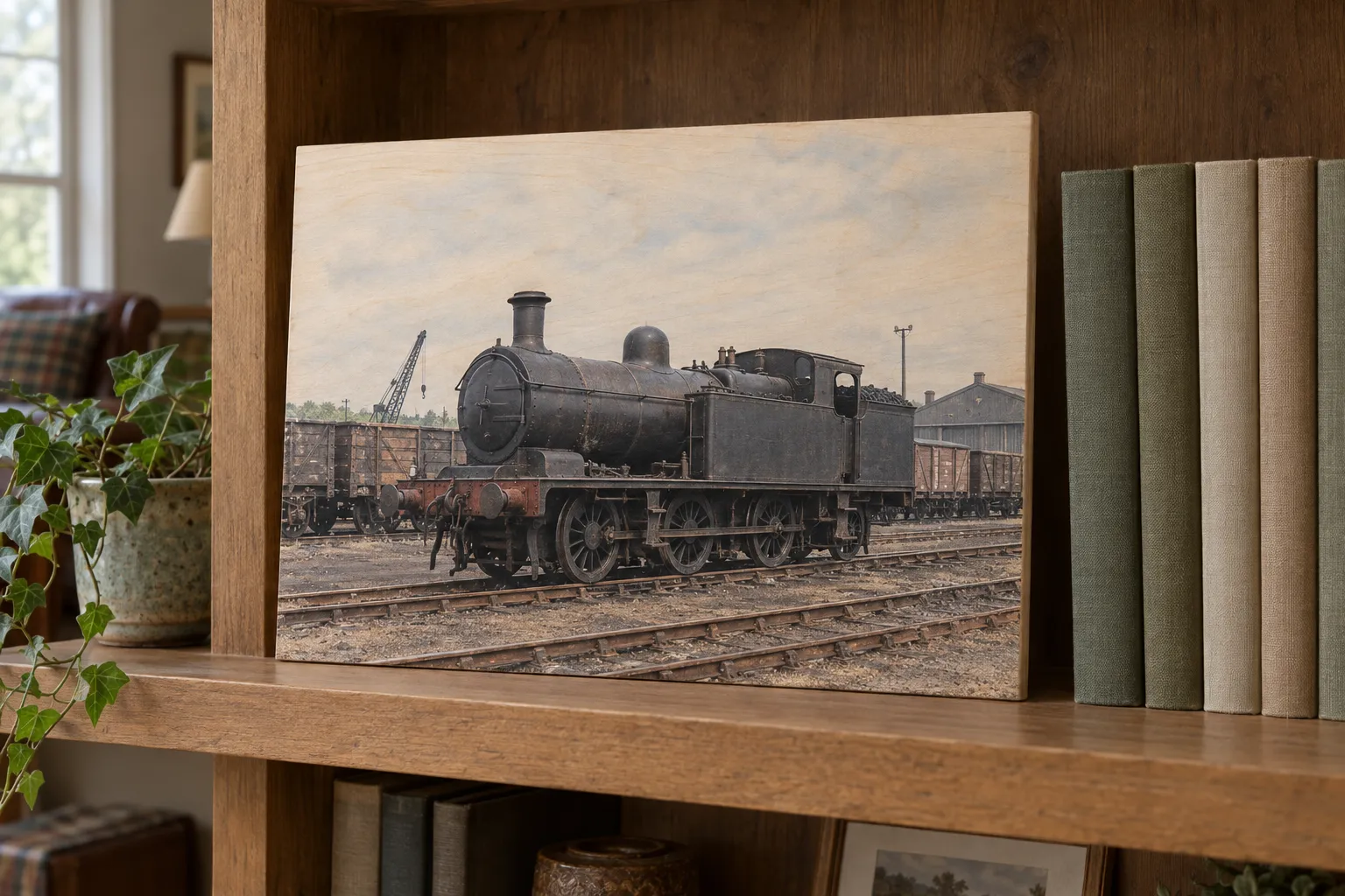 A wood railway panel on a den shelf