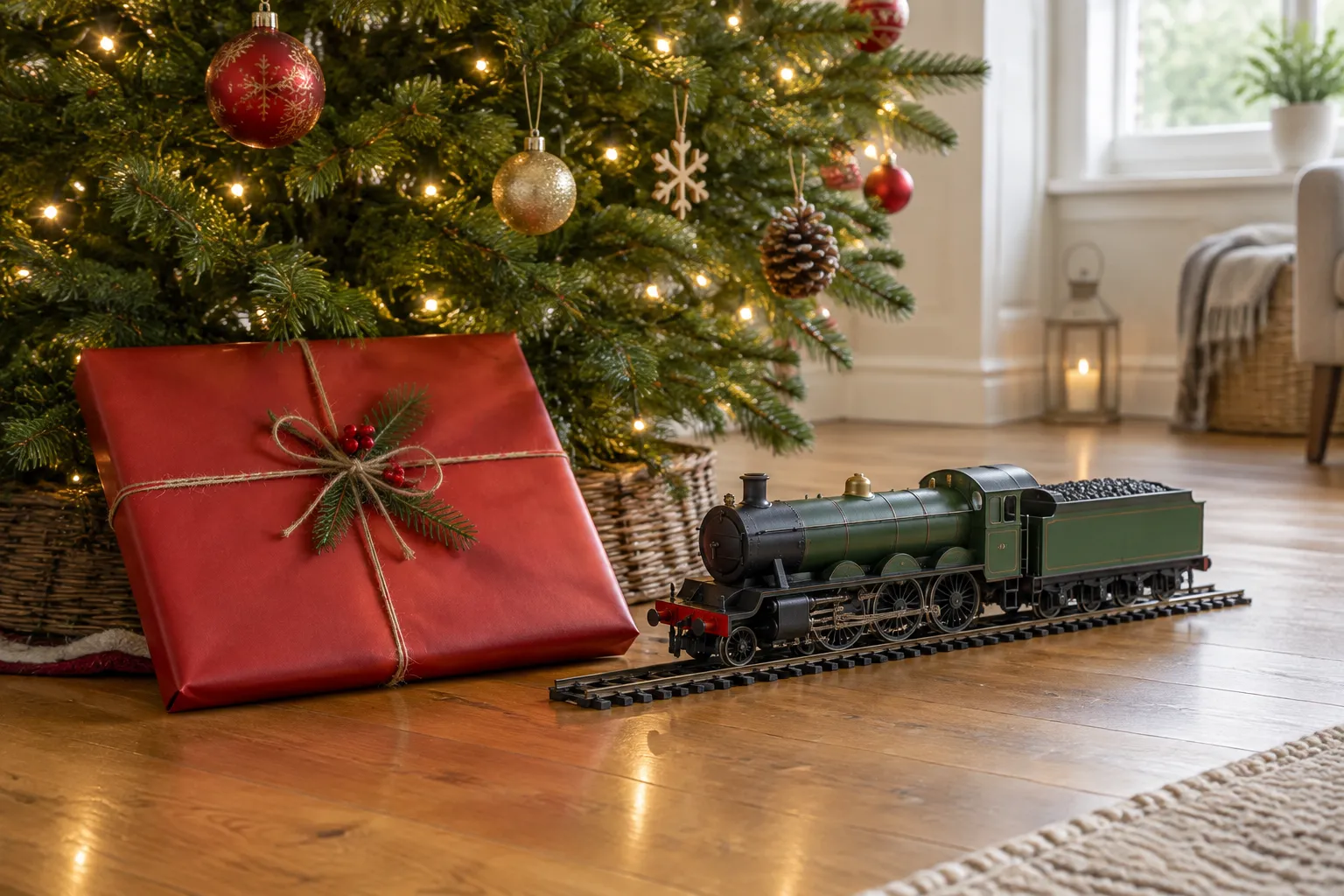 A wrapped flat parcel under a Christmas tree beside a model steam locomotive