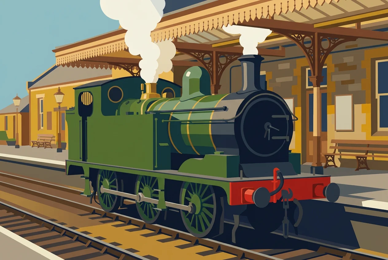 The same locomotive reimagined as a mid-century vintage railway travel poster