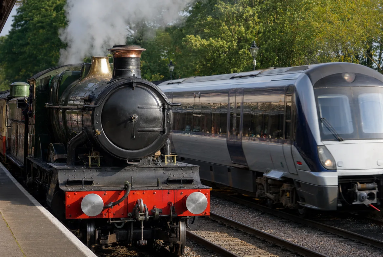 A preserved steam locomotive and a modern electric unit at the station, photographed on a bright morning
