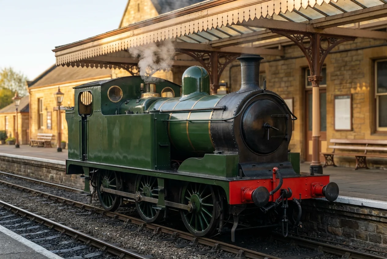 A preserved steam locomotive at the platform, photographed on a bright morning