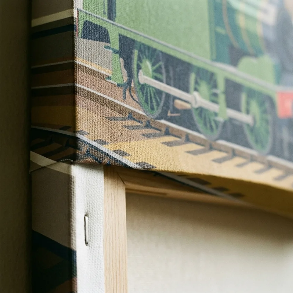 Corner of a gallery-wrapped canvas print showing texture and deep wrap