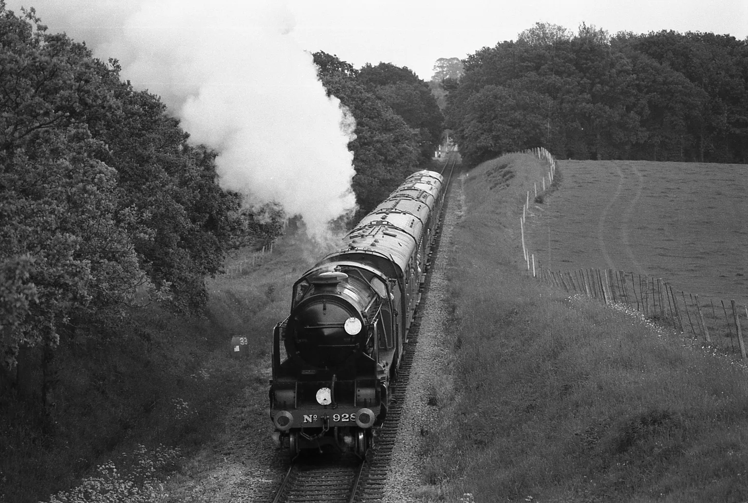 A black and white photograph of a steam locomotive numbered 928 climbing through a wooded cutting with a train of carriages, steam rising