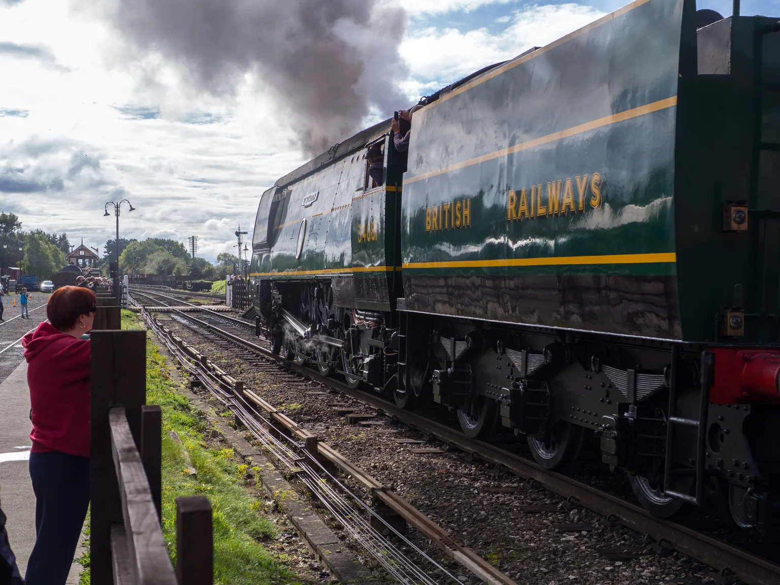 A green Bulleid Pacific in British Railways livery leaving Quorn and Woodhouse in a cloud of exhaust